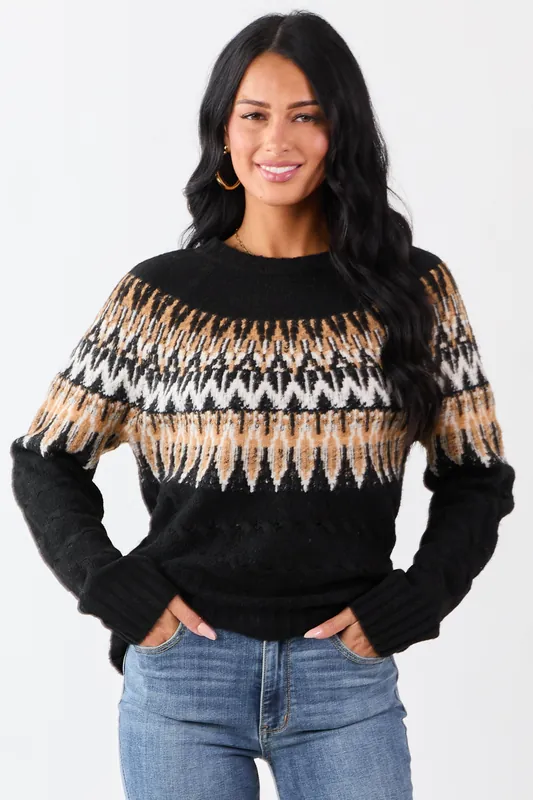 Black Cable Knit Fair Isle Pattern Relaxed Sweater - Promesa