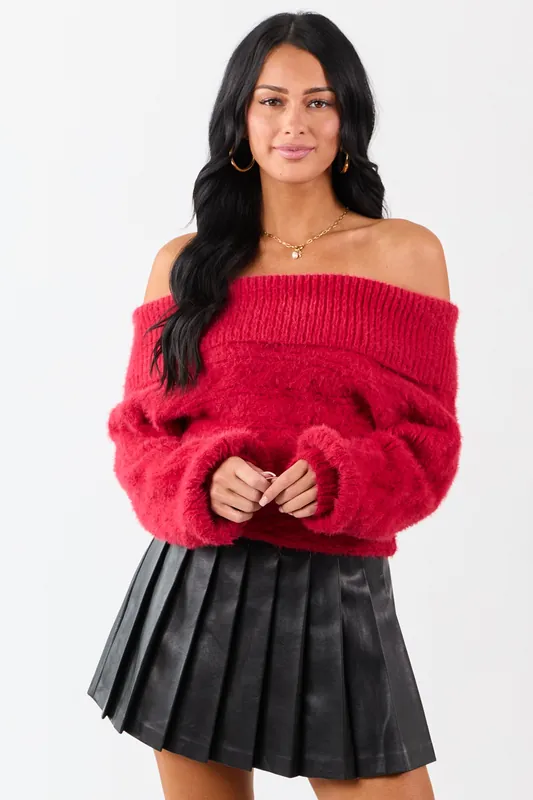Ruby Fold Over Off Shoulder Eyelash Knit Sweater - Privy