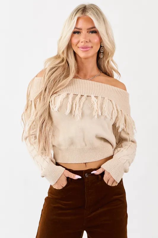 Almond Cable Knit Off Shoulder Tassel Sweater - Privy