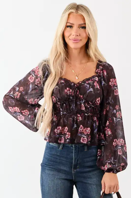 Chocolate Floral Print Long Sleeve Peplum Top - Privy
