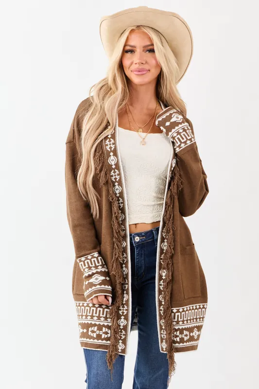 Walnut Aztec Print Fringe Trim Waist Tie Cardigan - Privy