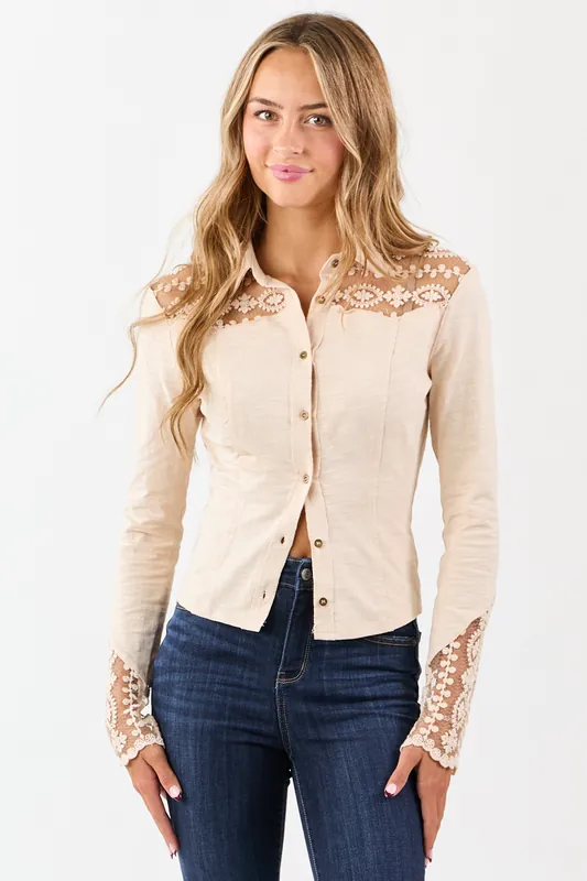 Champagne Lace Yoke and Sleeve Cotton Top - Privy