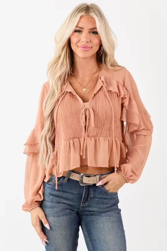 Apricot Pintuck Open Tie Front Peplum Blouse - Privy