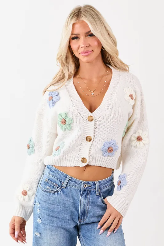 Ivory Floral Patch Button Down Cropped Cardigan - Privy