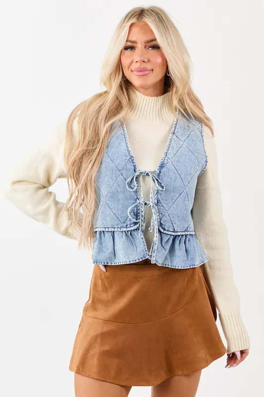 Light Wash Quilted Chambray Front Tie Vest - Privy