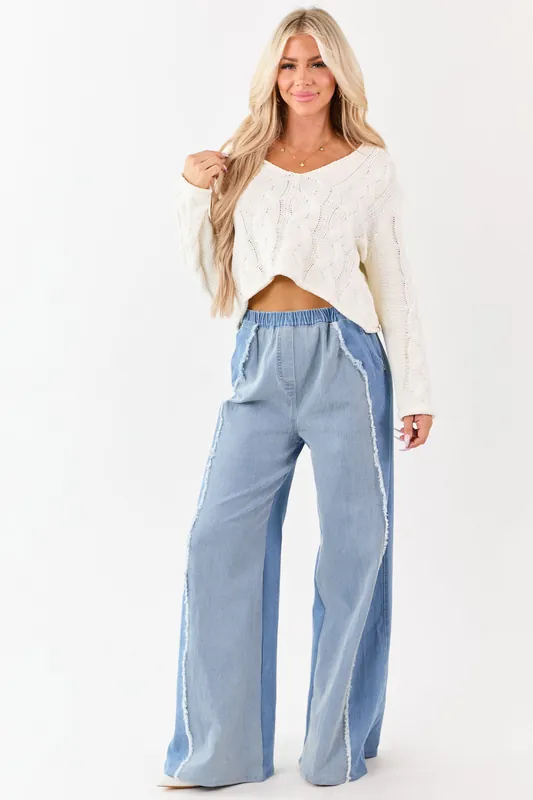 Light Wash Colorblock Elastic Waist Wide Denim Pants - Privy