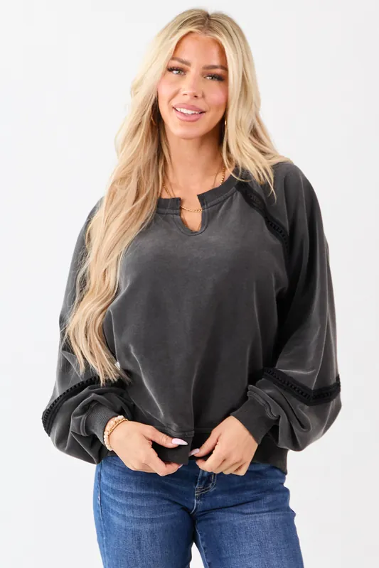 Charcoal Washed French Teddy Lace Trim Sweatshirt - Privy
