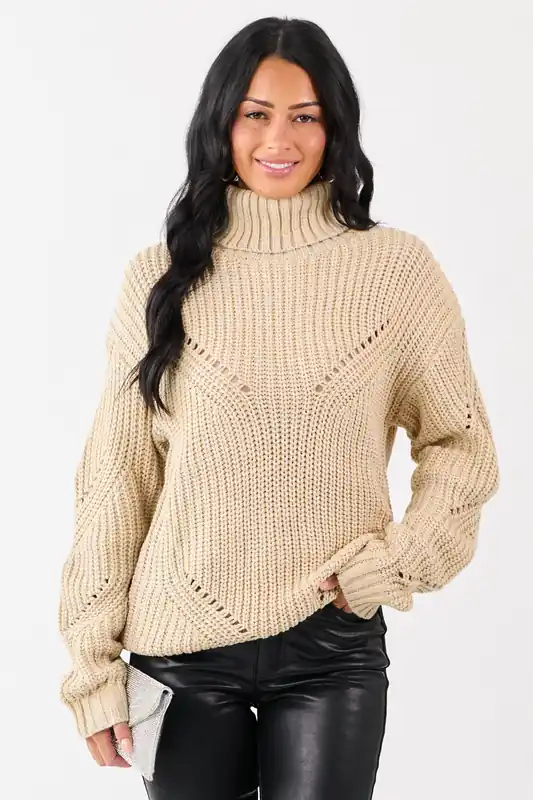 Sand Lurex Stitch Turtleneck Pointelle Ribbed Sweater - Privy