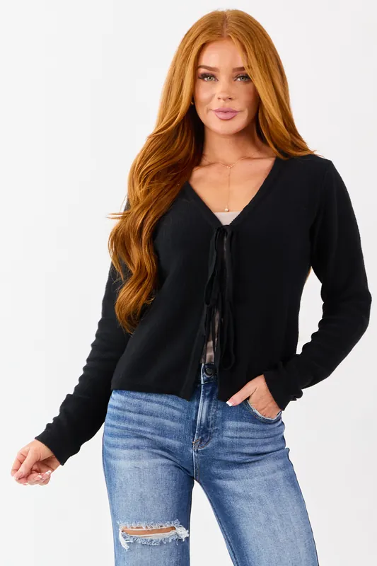 Black Cotton Front Tie Long Sleeve Cardigan - Privy