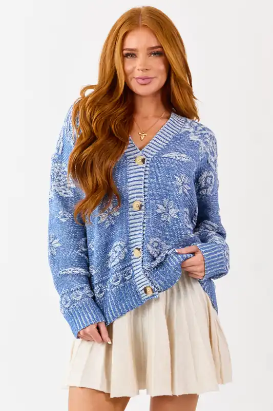 Sapphire Textured Floral Rib Trim Sweater Cardigan - Privy