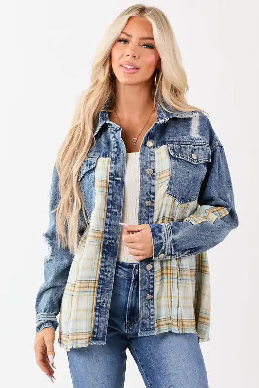 Medium Wash Denim Plaid Contrast Button Up Jacket - Privy