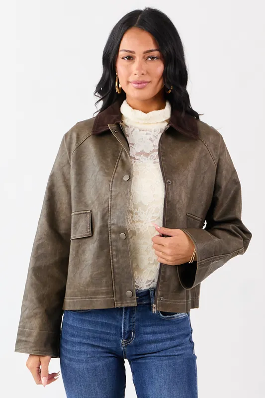 Walnut Faux Leather Corduroy Collar Zip Up Jacket - Privy