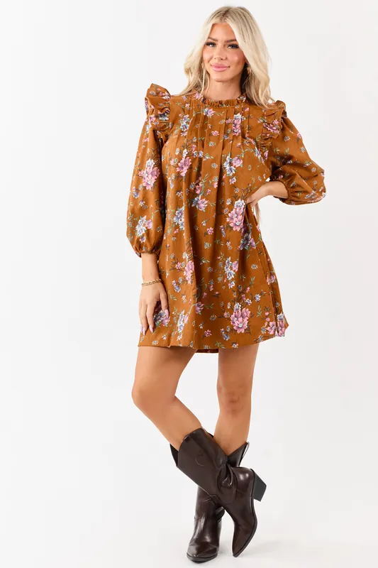 Sedona Floral Corduroy Pintuck Ruffle Mini Dress - Umgee