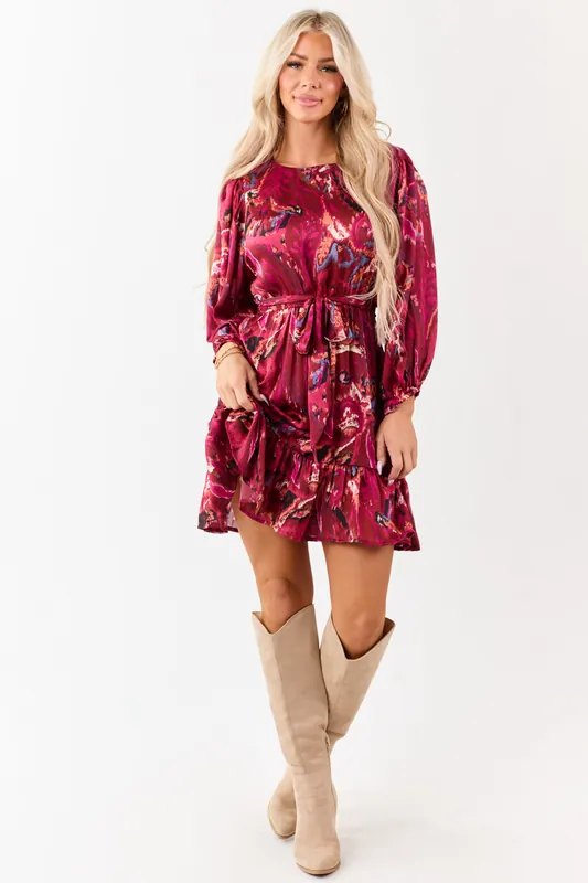Sangria Abstract Print Waist Tie Flowy Mini Dress - Umgee