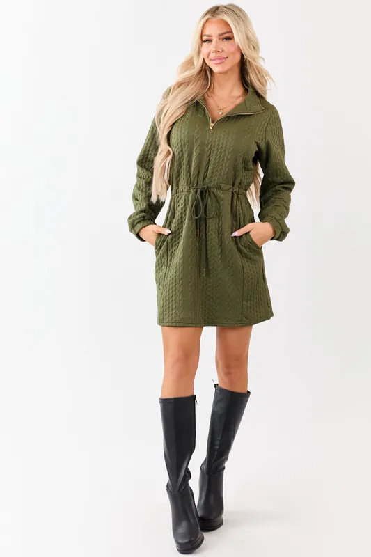Dark Olive Cable Knit Quarter Zip Mini Dress - Umgee