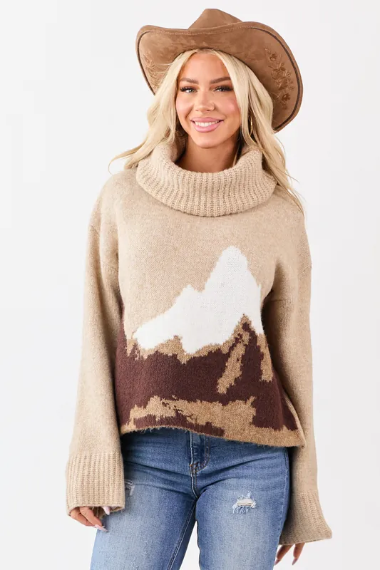 Latte Wool Blend Mountain Graphic Turtleneck Sweater - Promesa