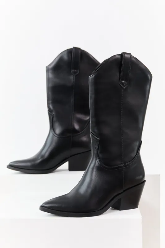Black Faux Leather Western Style Tall Boots - FORTUNE DYNAMIC