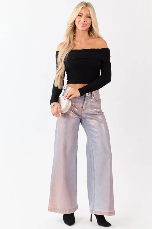 Saige Pink Metallic Wide Stretchy Tummy Control Jeans - Saige Denim