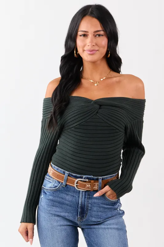 Dark Forest Green Off Shoulder Twist Sweater - LE LIS