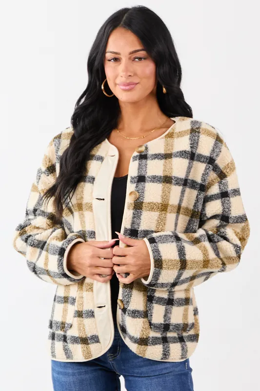 Cream Plaid Sherpa Button Down Teddy Jacket - Blu Pepper