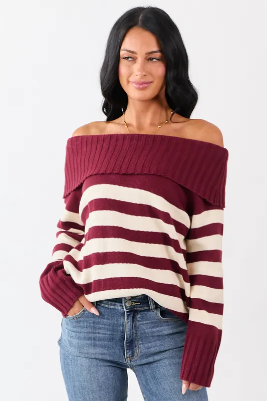Maroon and Cream Striped Off Shoulder Sweater - LE LIS