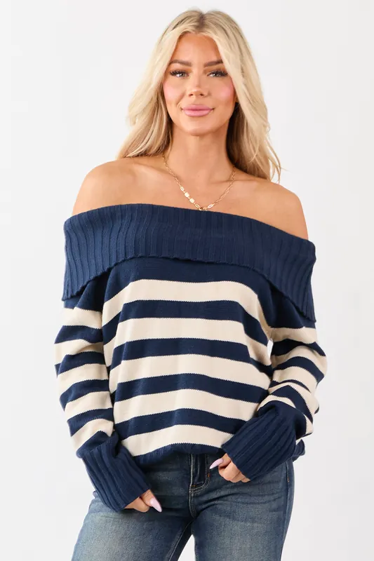 Navy and Cream Striped Off Shoulder Sweater - LE LIS