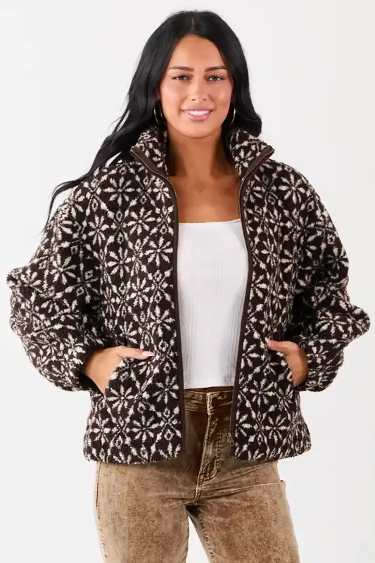 Dark Cocoa Snowflake Pattern Zip Up Sherpa Jacket - Blu Pepper