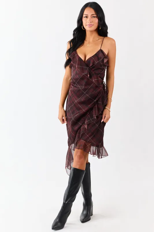 Mahogany Plaid Ruffled Wrap Style Short Dress - Privy