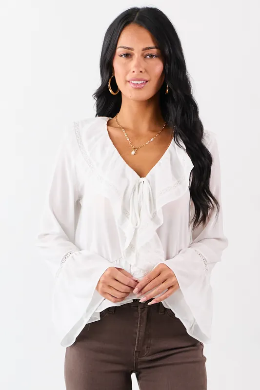 Ivory Trumpet Sleeve Ruffled Lace Trim Boho Blouse - Privy