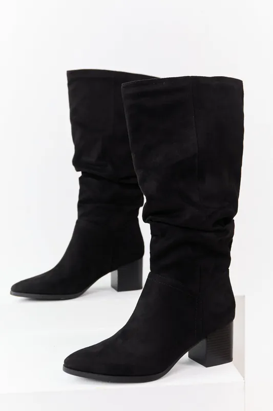 Black Microsuede Slouch Block Heel Tall Boots - FORTUNE DYNAMIC