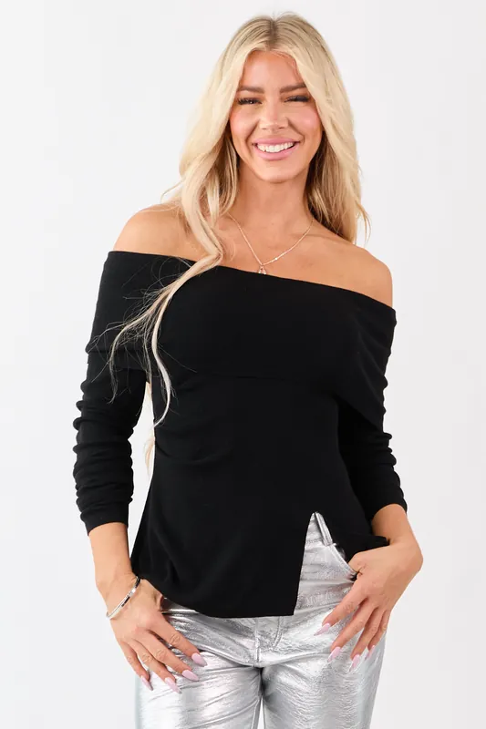 Black Off Shoulder Wool Blend Side Slit Knit Top - Privy