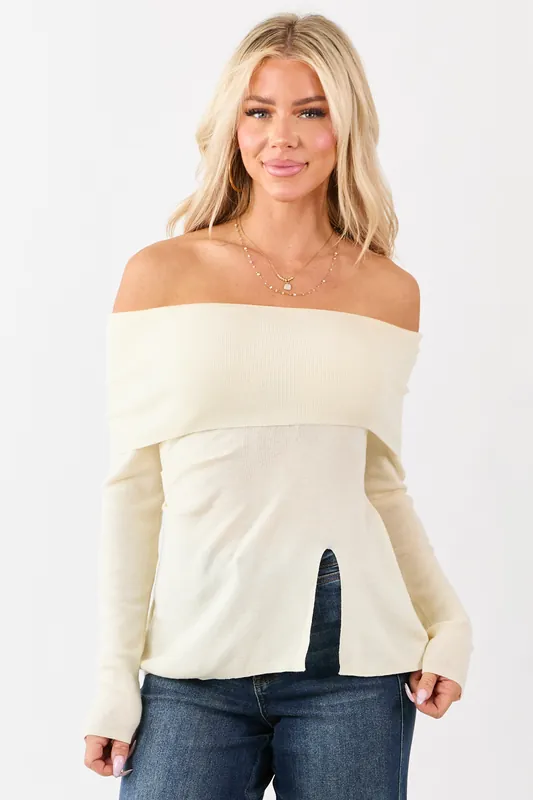 Cream Off Shoulder Wool Blend Side Slit Knit Top - Privy