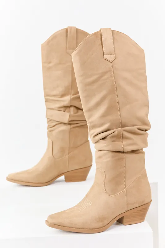 Beige Microsuede Western Style Slouch Tall Boots - FORTUNE DYNAMIC