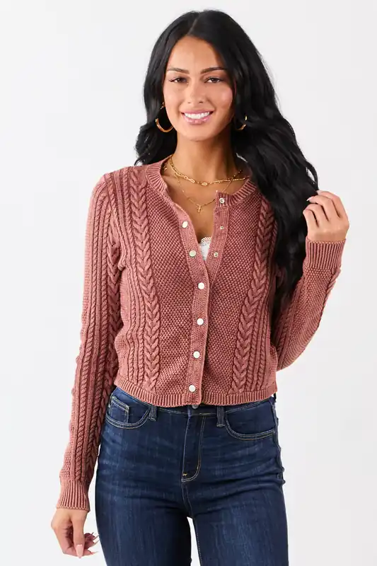 Washed Marsala Cable Knit Cotton Sweater Cardigan - Privy