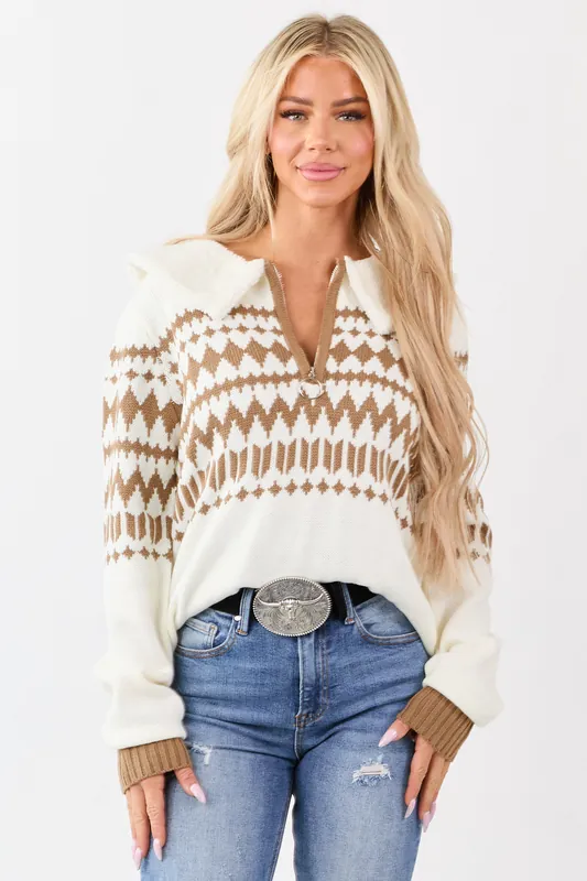 Cream Sherpa Collar Aztec Quarter Zip Sweater - Privy