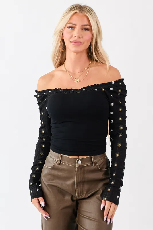 Black Knit Floral Long Sleeve Cropped Top - Privy