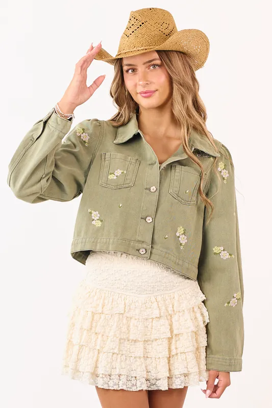 POL Light Olive Floral Embroidered Denim Crop Jacket - POL Clothing