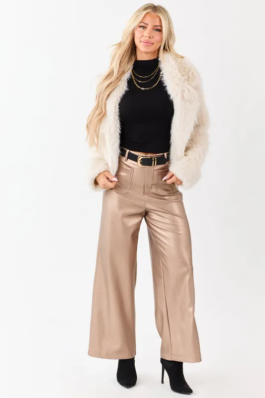 Lovelo Metallic Bronze Wide Leg Faux Leather Pants - GeeGee