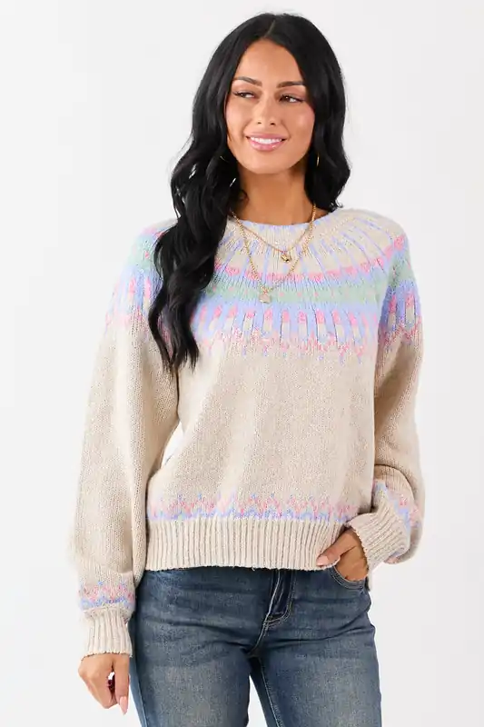 Almond Fair Isle Ribbed Trim Long Sleeve Sweater - ACOA