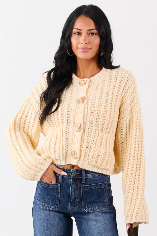 Cream Chunky Rib Knit Button Down Sweater Cardigan - ACOA