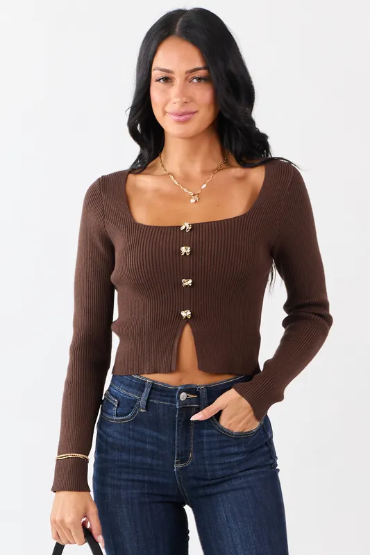 Cocoa Square Neck Faux Button Front Sweater Top - ACOA