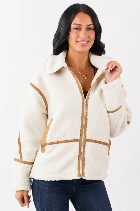 Cream Sherpa Faux Suede Contrast Zip Up Jacket - LE LIS