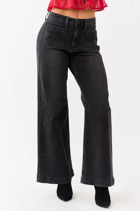Black Washed Patch Pocket High Rise Wide Leg Jeans - Just Panmaco