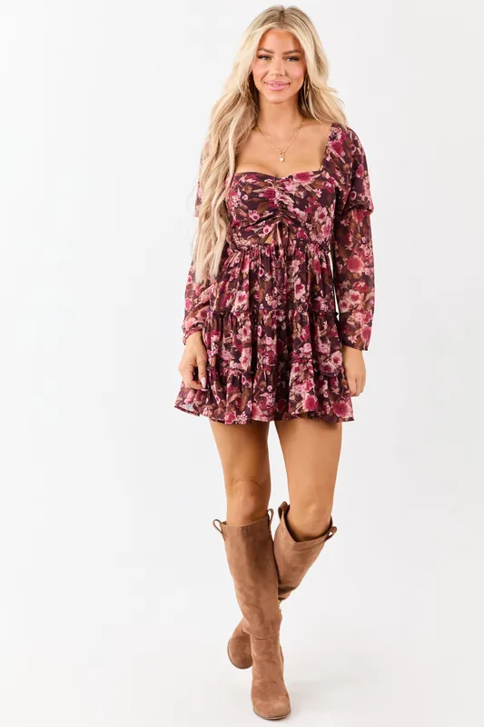 Chocolate Floral Print Tiered Long Sleeve Mini Dress - LE LIS