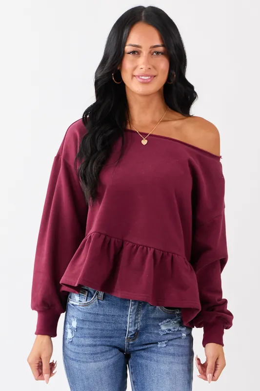 Wine One Shoulder Peplum Relaxed Sweatshirt Top - Paper Moon