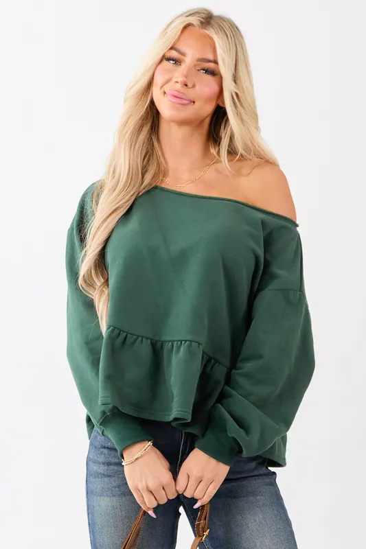 Hunter Green One Shoulder Peplum Relaxed Sweatshirt Top - Paper Moon