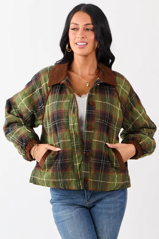 Olive Cotton Quilted Plaid Contrast Corduroy Jacket - &merci