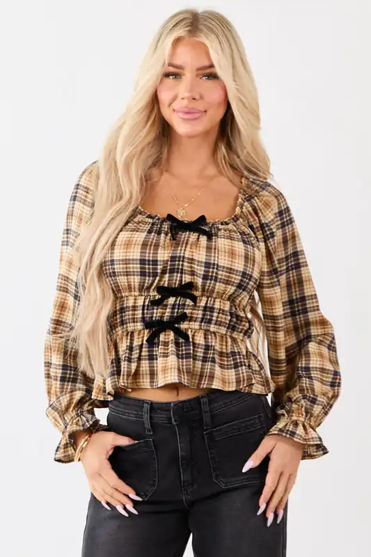 Beige Plaid Velvet Bow Detail Square Neck Top - B Right