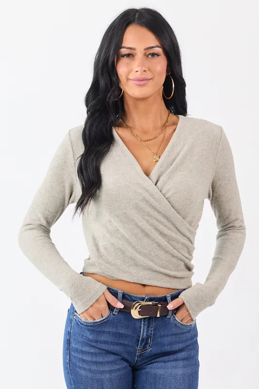 Heathered Oatmeal Surplice Long Sleeve Knit Top - Wasabi+Mint