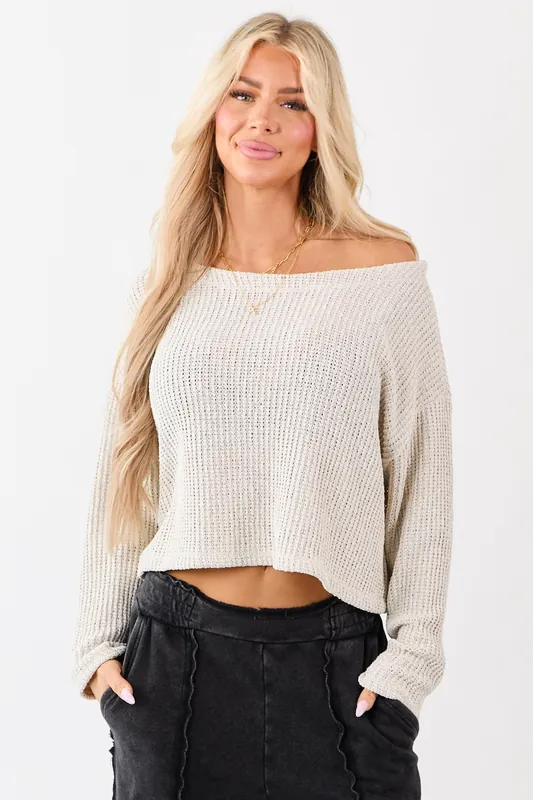 Champagne Open Knit Boxy Long Sleeve Top - Wasabi+Mint